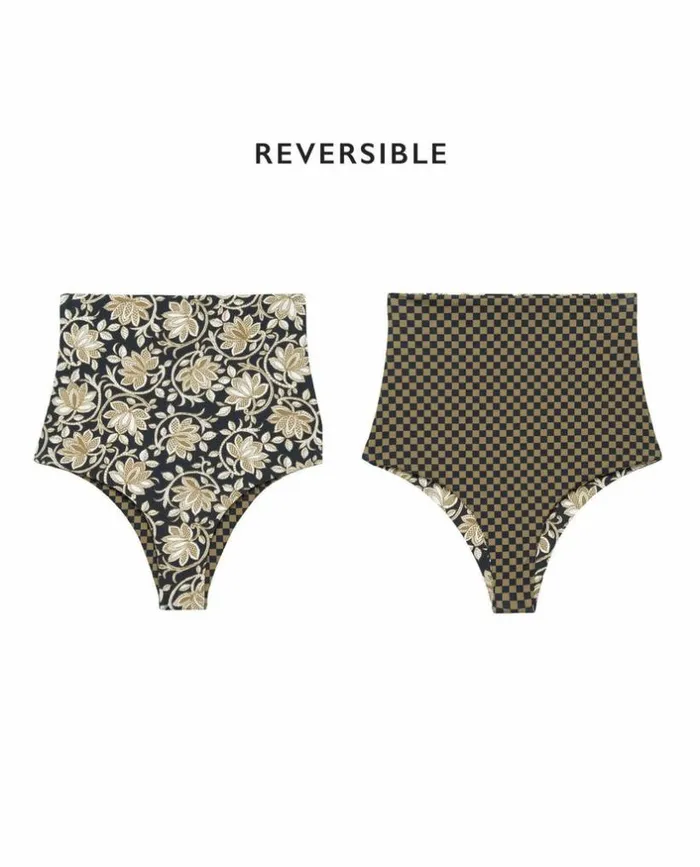 Swim The Great The Reversible HighRise Brief Black Oasis Floral And Bronze Check