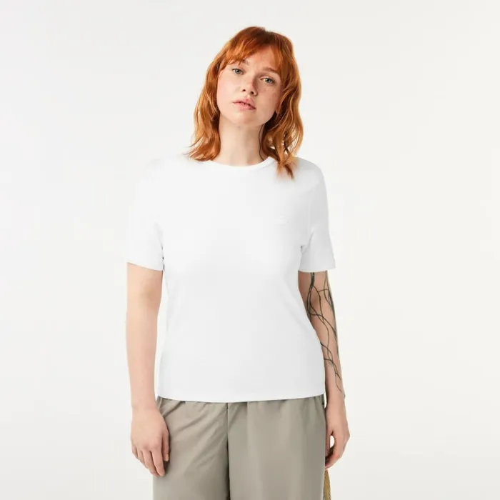 TShirts and Tops Women Lacoste Womens Crew Neck Cotton Blend TShirt White 001