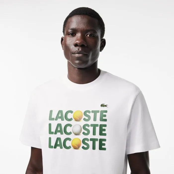 TShirts Men Lacoste Men039s Heavy Cotton Tennis Ball Print TShirt White 001