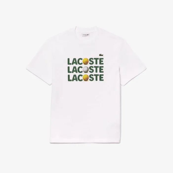 TShirts Men Lacoste Men039s Heavy Cotton Tennis Ball Print TShirt White 001