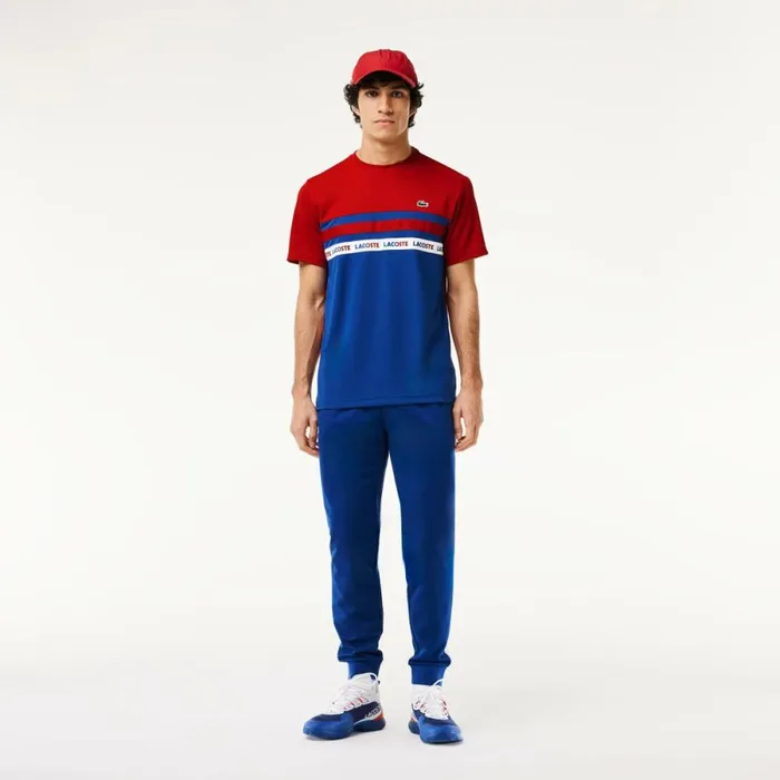 TShirts Men Lacoste Men039s UltraDry Logo Stripe Piqu Tennis TShirt Navy Blue Bordeaux Is4