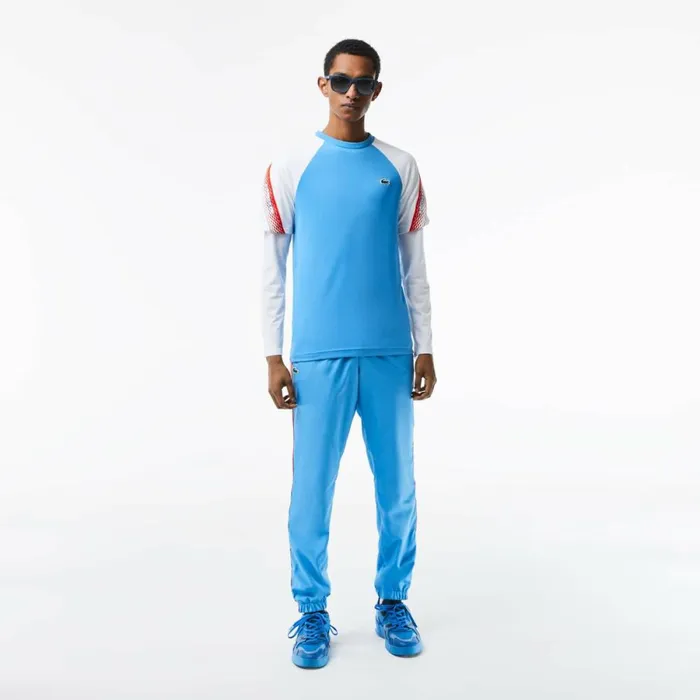TShirts Men Lacoste Mens SPORT Regular Fit Logo Stripe TShirt Blue White Xgi