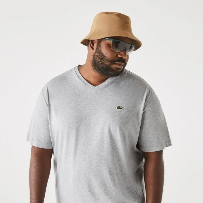 TShirts Men Lacoste Mens Tall Fit Ribbed VNeck Cotton TShirt Grey Chine Cca