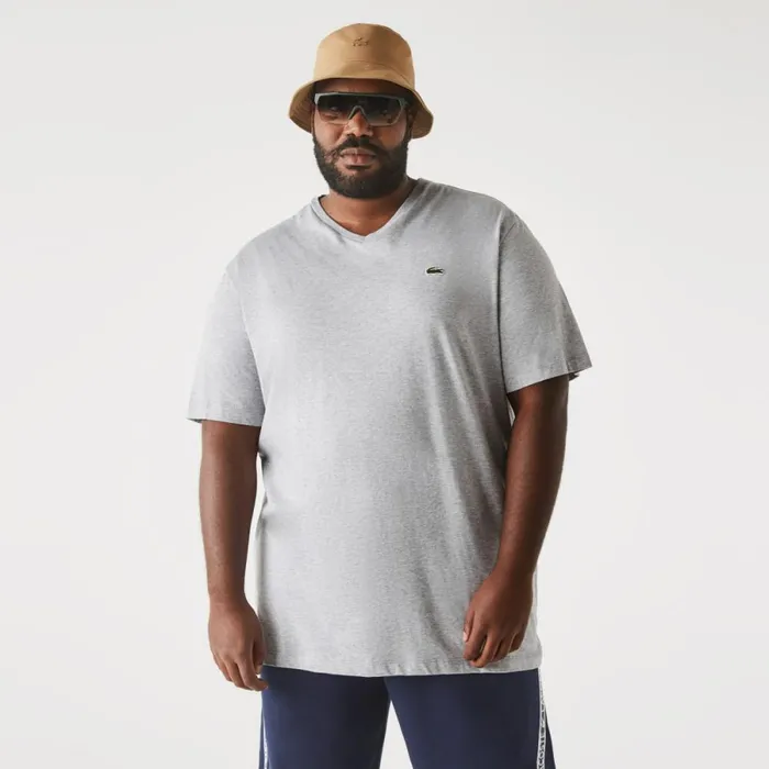 TShirts Men Lacoste Mens Tall Fit Ribbed VNeck Cotton TShirt Grey Chine Cca