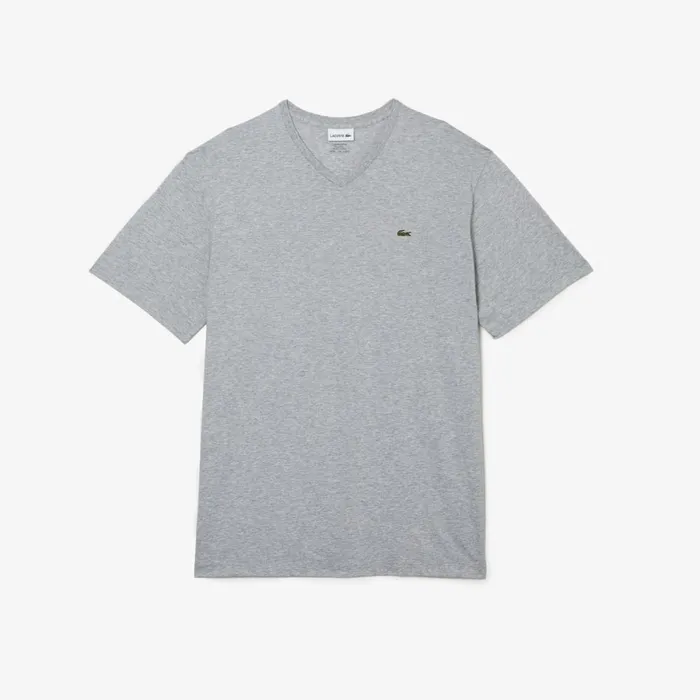 TShirts Men Lacoste Mens Tall Fit Ribbed VNeck Cotton TShirt Grey Chine Cca