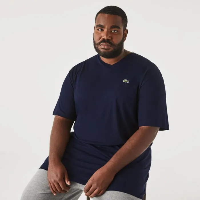 TShirts Men Lacoste Mens Tall Fit Ribbed VNeck Cotton TShirt Navy Blue 166