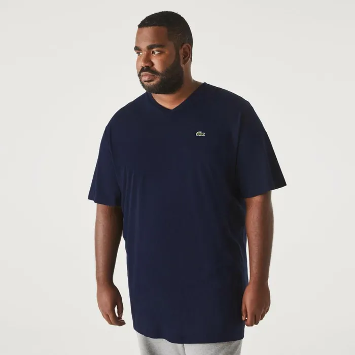 TShirts Men Lacoste Mens Tall Fit Ribbed VNeck Cotton TShirt Navy Blue 166