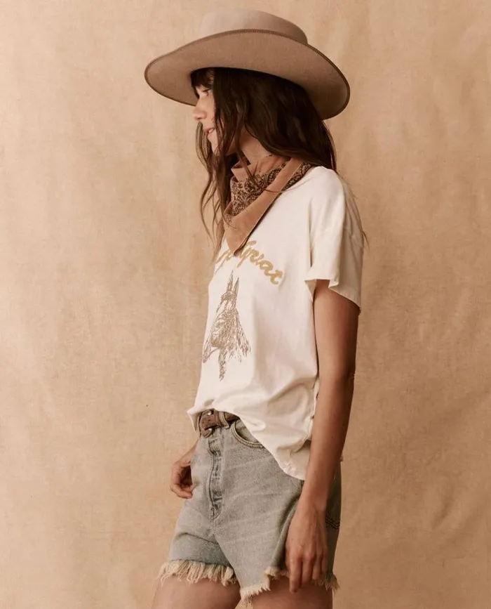 Tees and Sweats The Great The Boxy Crew Washed White With Spice Horse Embroidery