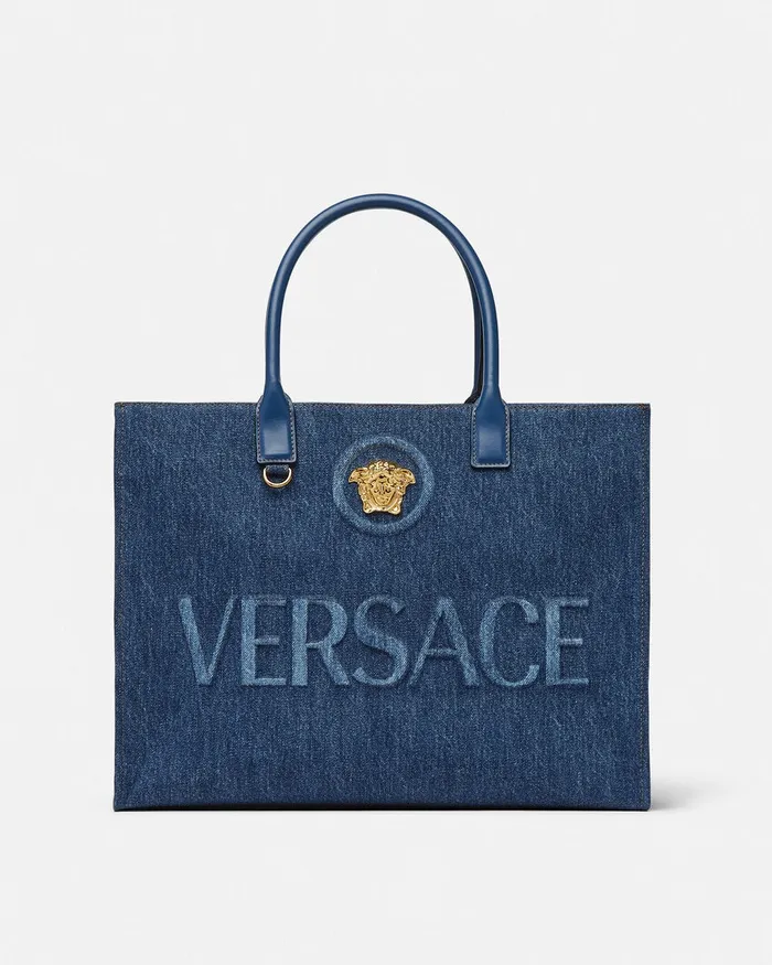 Totes Women Versace La Medusa Denim Large Tote Bag Blue