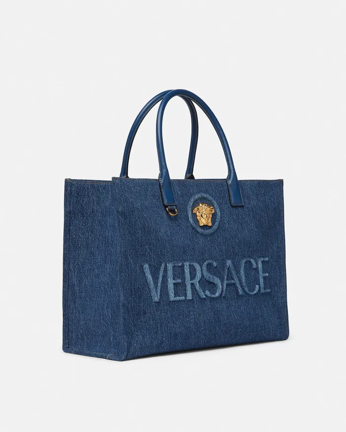 Totes Women Versace La Medusa Denim Large Tote Bag Blue
