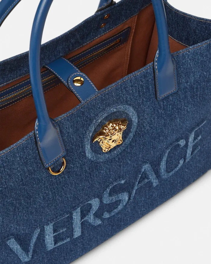 Totes Women Versace La Medusa Denim Large Tote Bag Blue