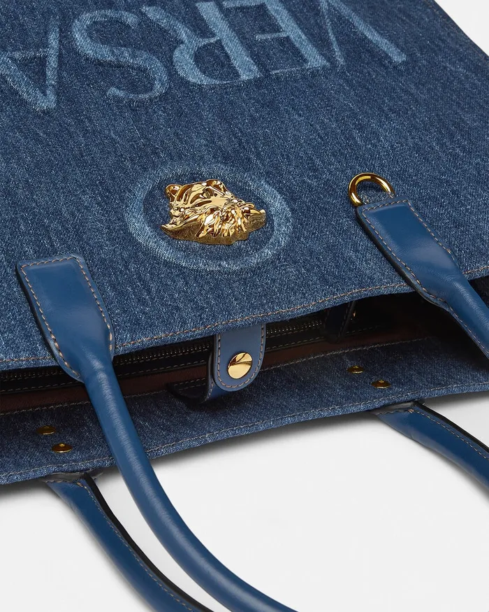 Totes Women Versace La Medusa Denim Large Tote Bag Blue