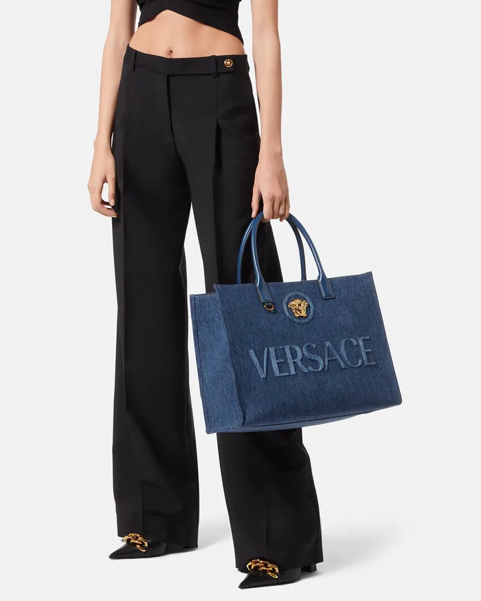 Totes Women Versace La Medusa Denim Large Tote Bag Blue