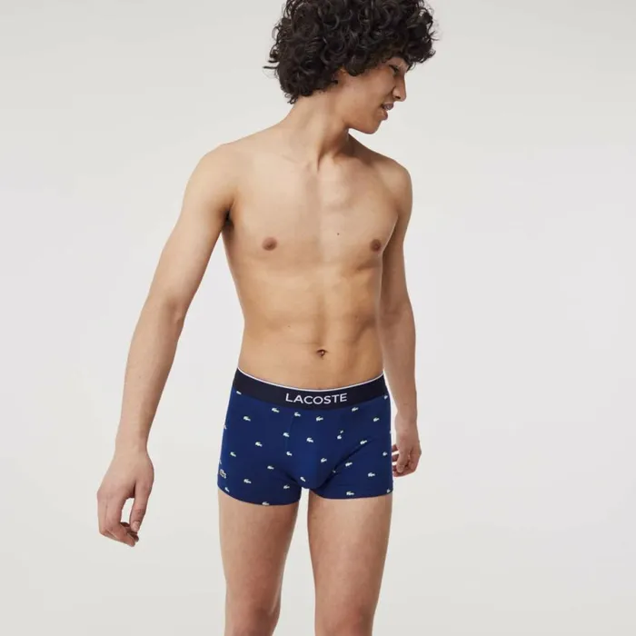 Underwear and Socks Men Lacoste Men039s Casual Signature Boxer Trunks 3Pack Navy Blue Blue White Kgn