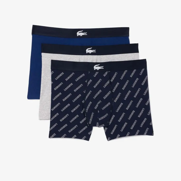 Underwear and Socks Men Lacoste Mens Crocodile Waist Long Boxer Brief 3Pack Navy Blue White Grey Chine Navy Blue Bck