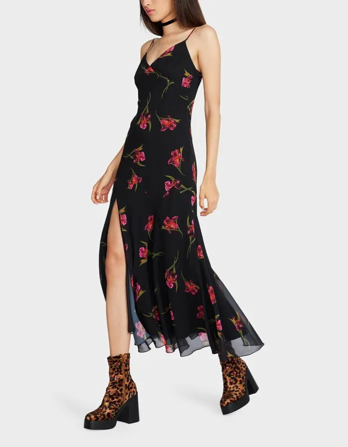 Women ADDISON MIDI DRESS ORCHID PRINT BLACK Black Betsey Johnson