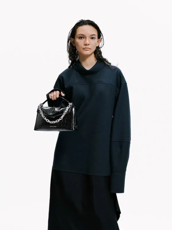 Women Andromeda CrocEffect ChunkyChain Top Handle Bag 8211 Noir CHARLES and KEITH Top Handle Bags
