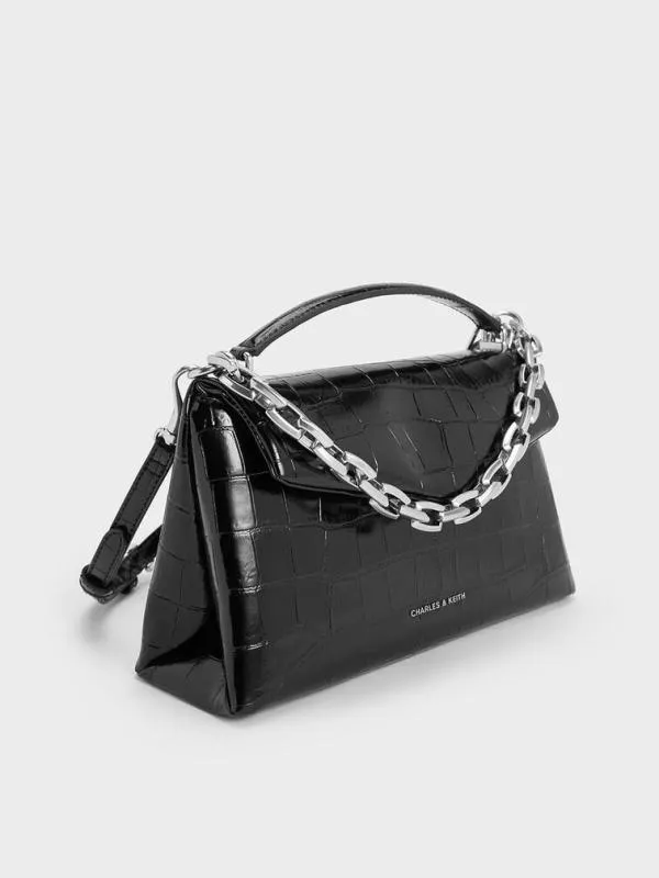 Women Andromeda CrocEffect ChunkyChain Top Handle Bag 8211 Noir CHARLES and KEITH Top Handle Bags