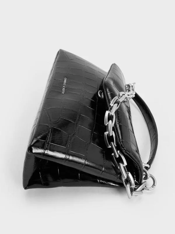 Women Andromeda CrocEffect ChunkyChain Top Handle Bag 8211 Noir CHARLES and KEITH Top Handle Bags