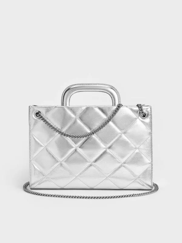 Women Apfra Metallic Quilted ChainHandle Bag 8211 Silver CHARLES and KEITH Tote Bags