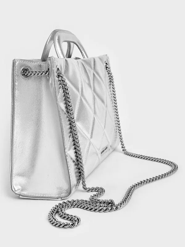 Women Apfra Metallic Quilted ChainHandle Bag 8211 Silver CHARLES and KEITH Tote Bags