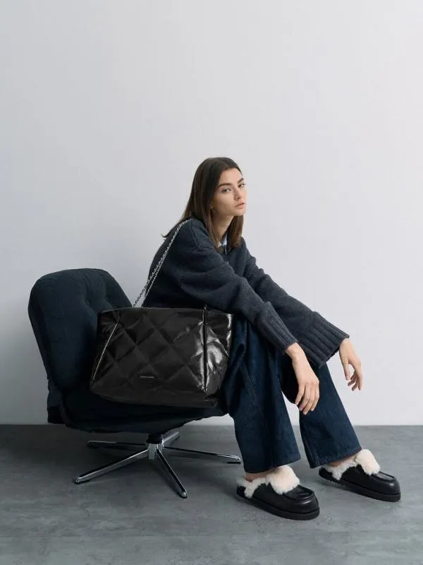 Women Apfra Quilted ChainHandle Tote Bag 8211 Noir CHARLES and KEITH Slouchy Bags