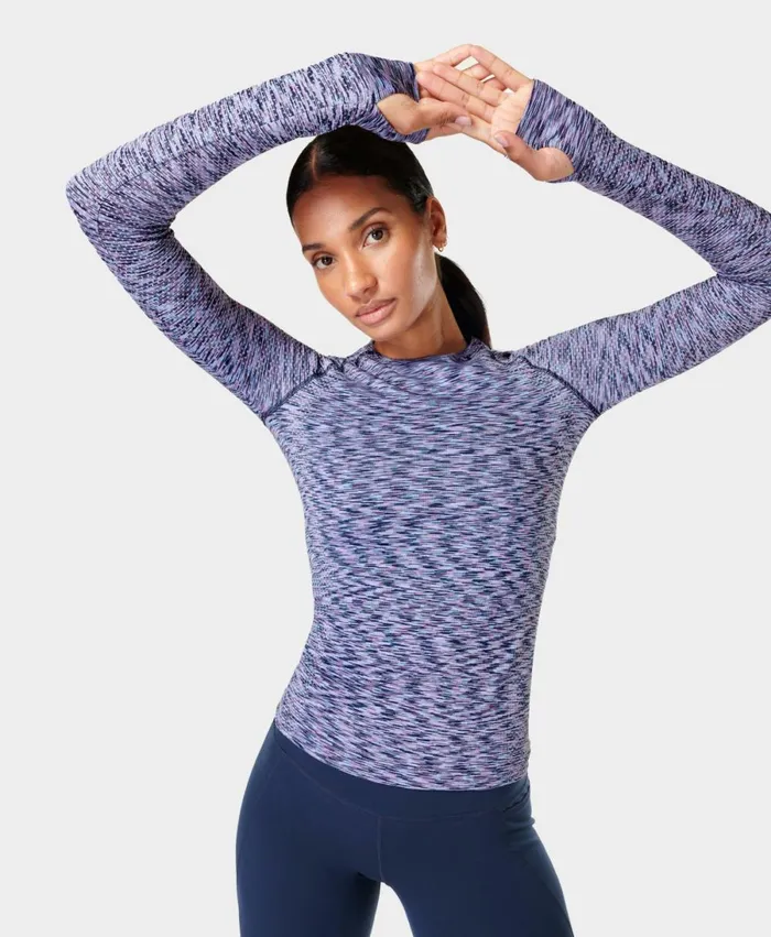 Women Athlete Winterweight Seamless Space Dye Top Navy Blue Sweaty Betty Long Sleeve Tops
