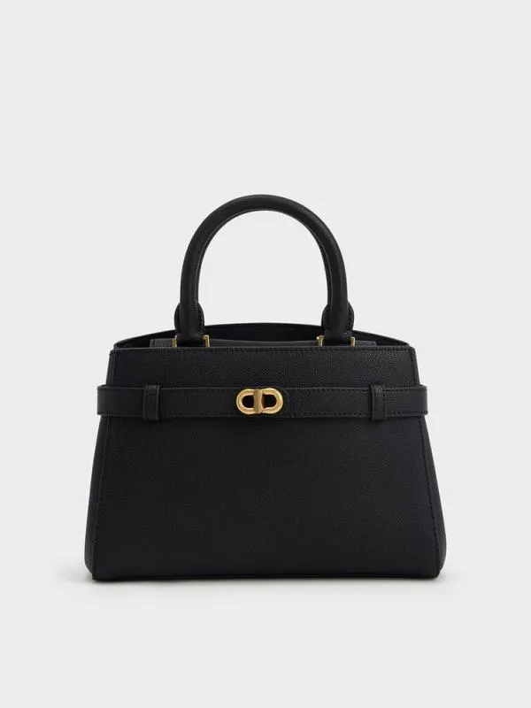 Women Aubrielle MetallicAccent Belted Bag 8211 Black CHARLES and KEITH Top Handle Bags