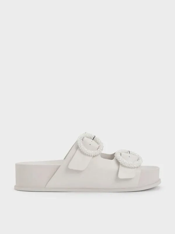 Women Beaded Circle Slide Sandals 8211 White CHARLES and KEITH Sandals