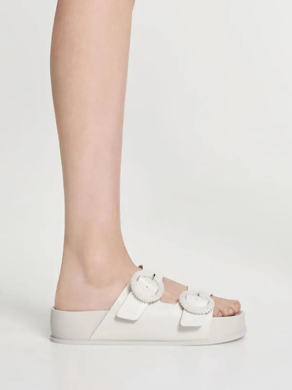 Women Beaded Circle Slide Sandals 8211 White CHARLES and KEITH Sandals