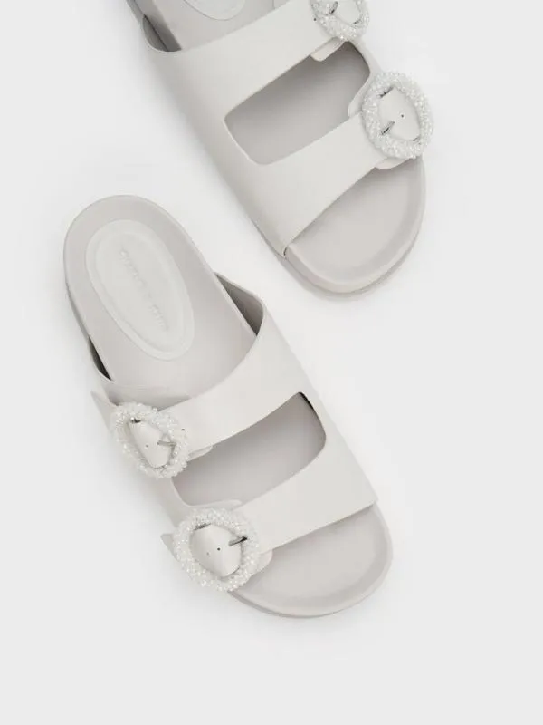 Women Beaded Circle Slide Sandals 8211 White CHARLES and KEITH Sandals