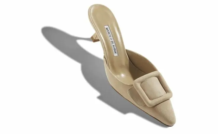 Women Beige Suede Kitten Heel Mules Manolo Blahnik Mules