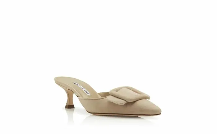 Women Beige Suede Kitten Heel Mules Manolo Blahnik Mules