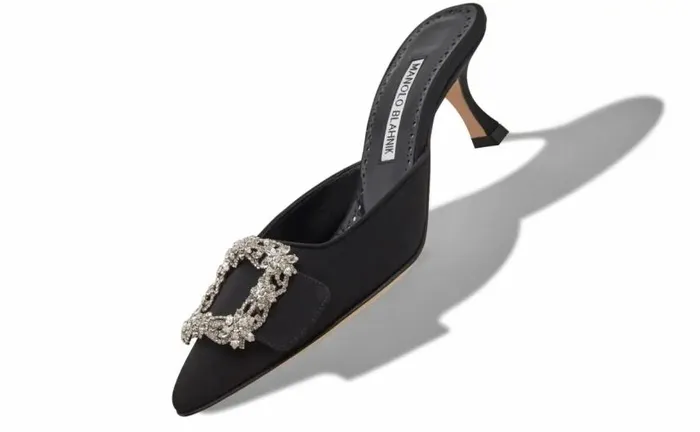 Women Black Crepe De Chine Crystal Buckle Mules Manolo Blahnik Mules