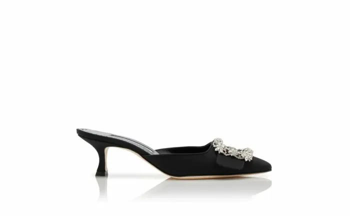Women Black Crepe De Chine Crystal Buckle Mules Manolo Blahnik Mules