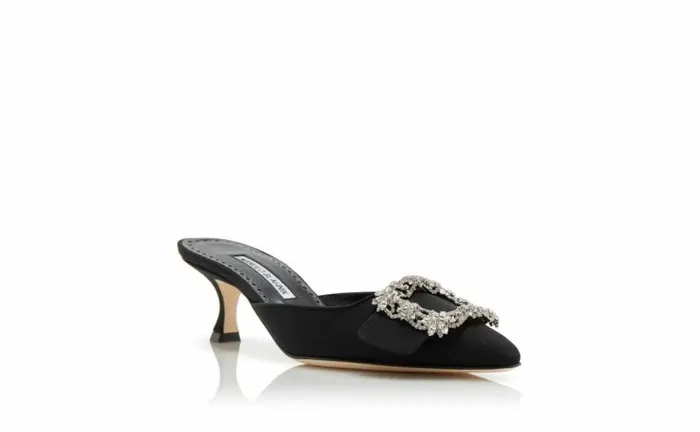 Women Black Crepe De Chine Crystal Buckle Mules Manolo Blahnik Mules