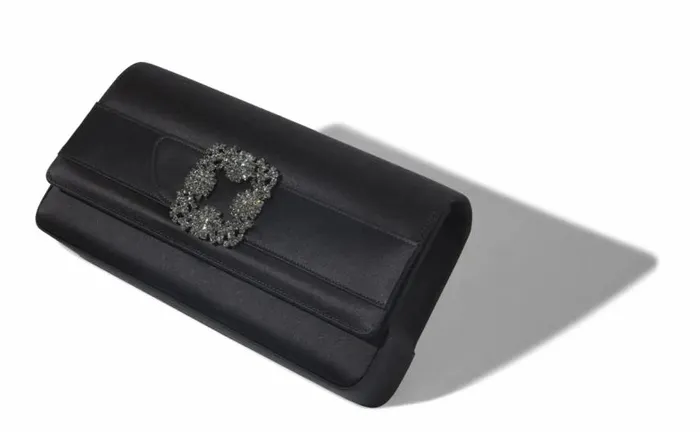 Women Black Satin Jewel Buckle Clutch Manolo Blahnik Bags