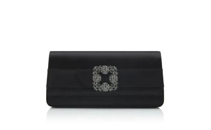 Women Black Satin Jewel Buckle Clutch Manolo Blahnik Bags
