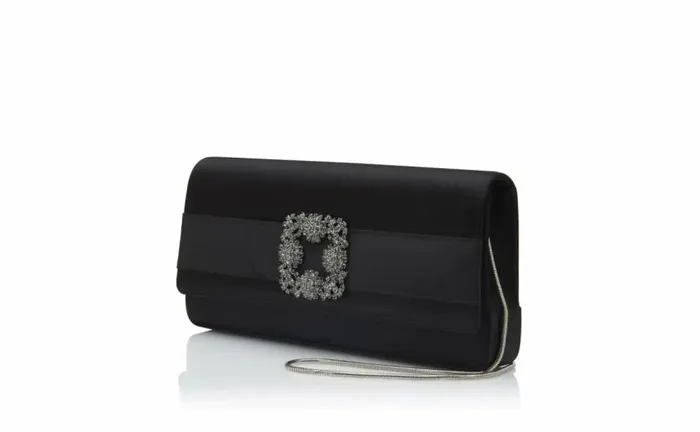 Women Black Satin Jewel Buckle Clutch Manolo Blahnik Bags