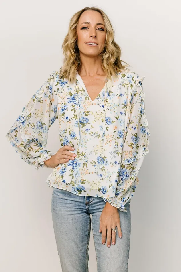 Women Blouses Shirts Baltic Born Karlie Long Sleeve Ruffle Top Blue Floral