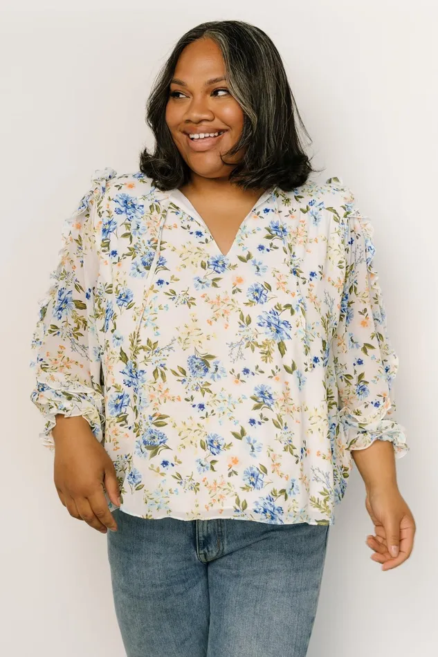 Women Blouses Shirts Baltic Born Karlie Long Sleeve Ruffle Top Blue Floral