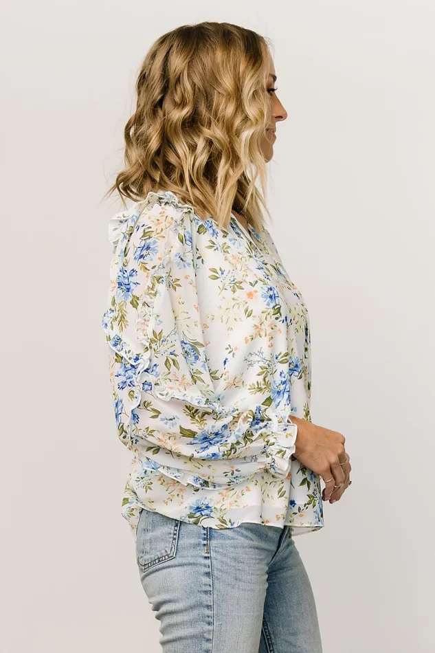 Women Blouses Shirts Baltic Born Karlie Long Sleeve Ruffle Top Blue Floral