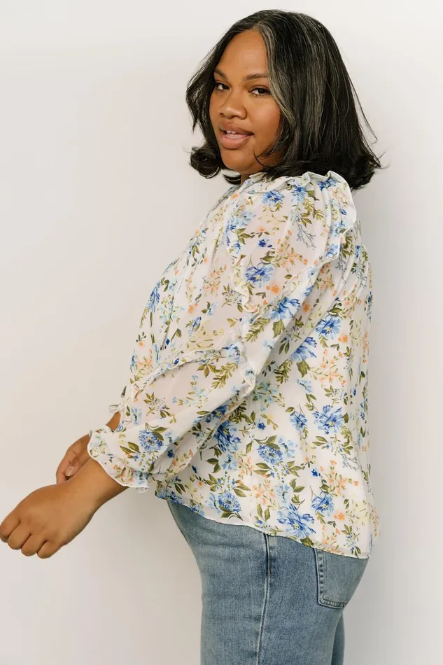 Women Blouses Shirts Baltic Born Karlie Long Sleeve Ruffle Top Blue Floral