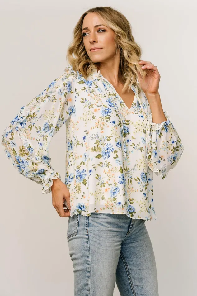 Women Blouses Shirts Baltic Born Karlie Long Sleeve Ruffle Top Blue Floral
