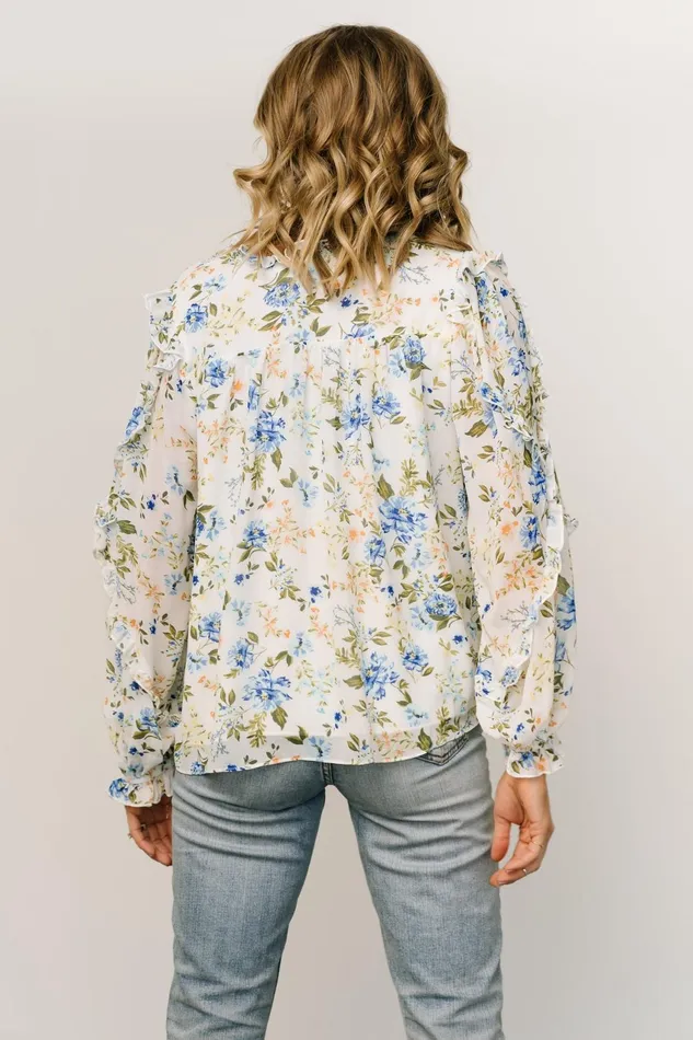 Women Blouses Shirts Baltic Born Karlie Long Sleeve Ruffle Top Blue Floral