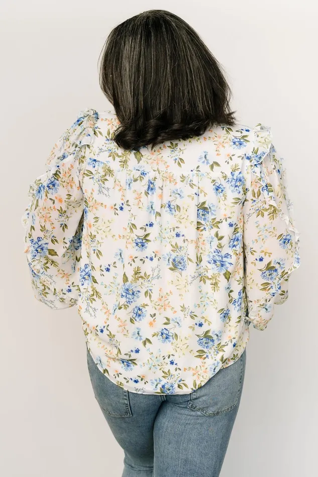 Women Blouses Shirts Baltic Born Karlie Long Sleeve Ruffle Top Blue Floral