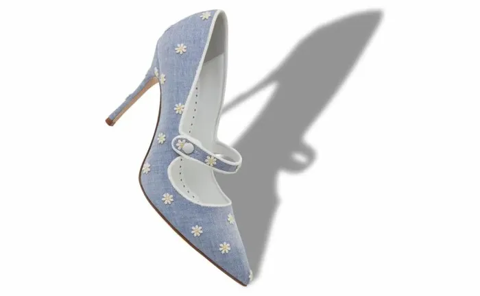 Women Blue And White Chambray Daisy Pumps Manolo Blahnik Pumps