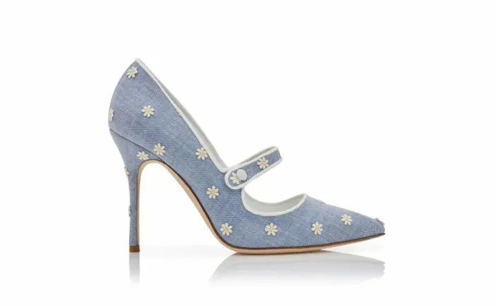 Women Blue And White Chambray Daisy Pumps Manolo Blahnik Pumps