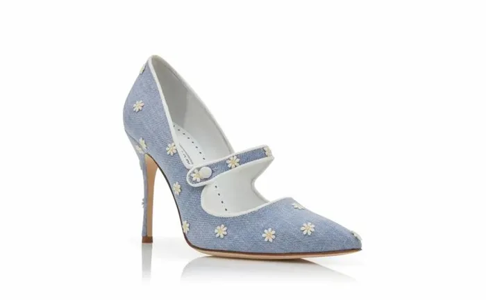 Women Blue And White Chambray Daisy Pumps Manolo Blahnik Pumps