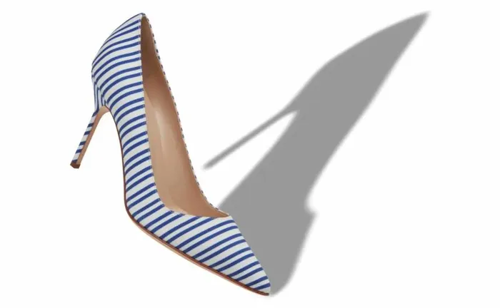 Women Blue Cotton Striped Pointed Toe Pumps Manolo Blahnik Pumps